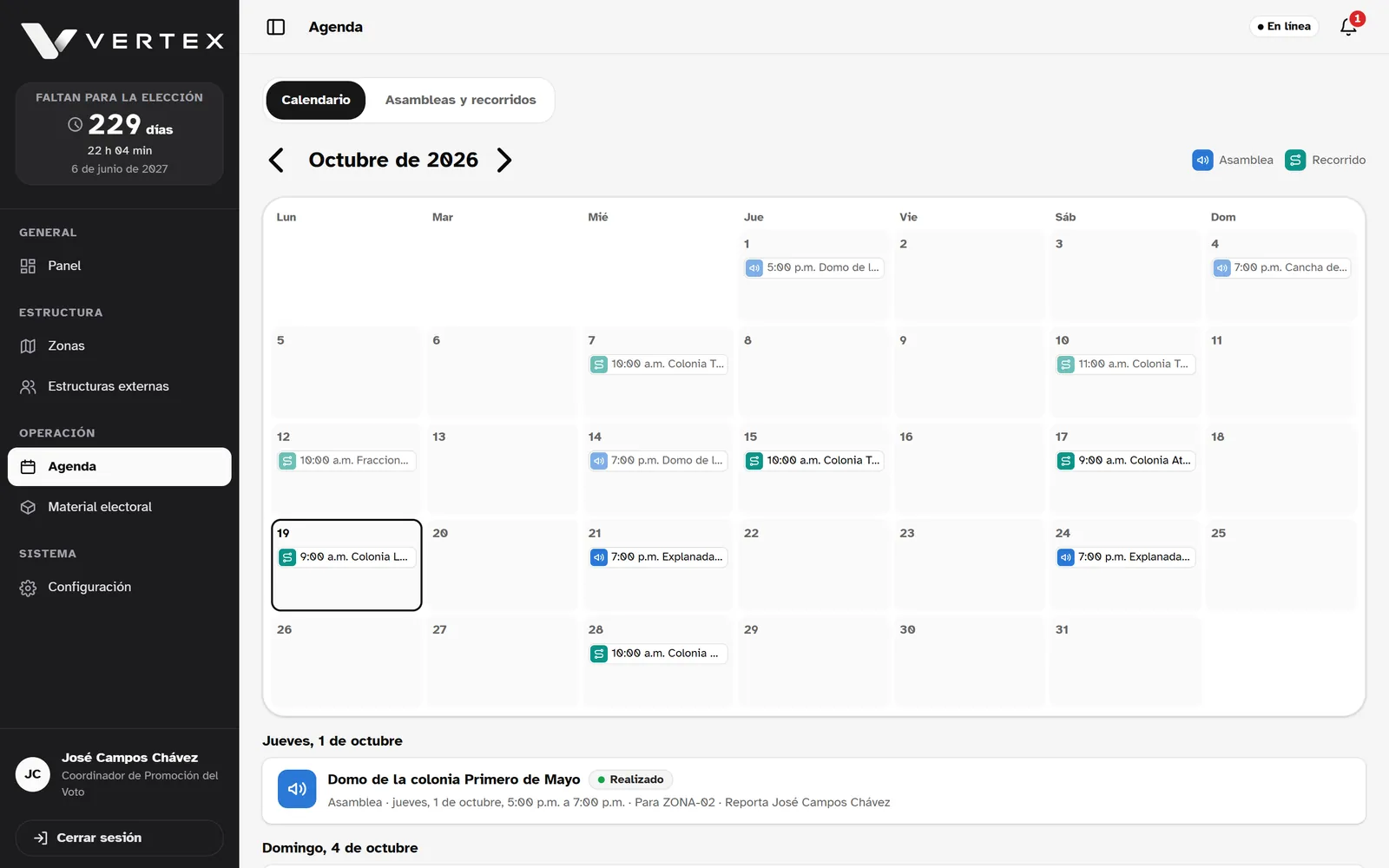 Calendario de asambleas y recorridos
